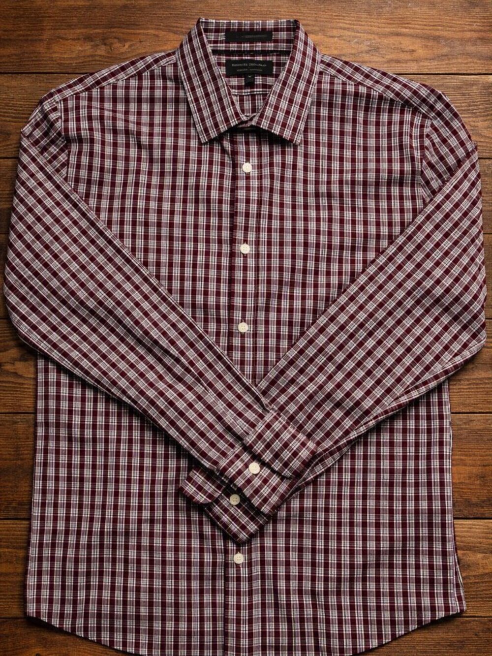 Banana Republic Men's Burgundy and White Checked Slim Fit Dress Shirt